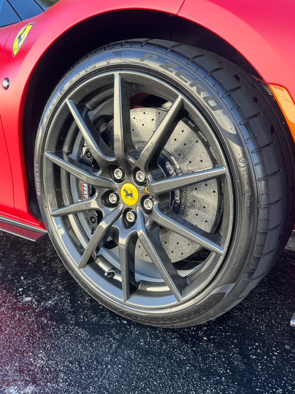Carbon fiber wheel detailed on a Ferrari